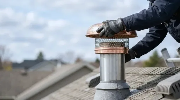 Fitting a copper chimney cap on a foggy Sunset District home