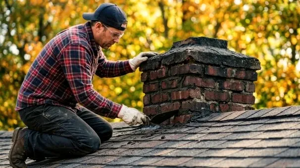 Mason rebuilding a cracked chimney top on a Bernal Heights roof