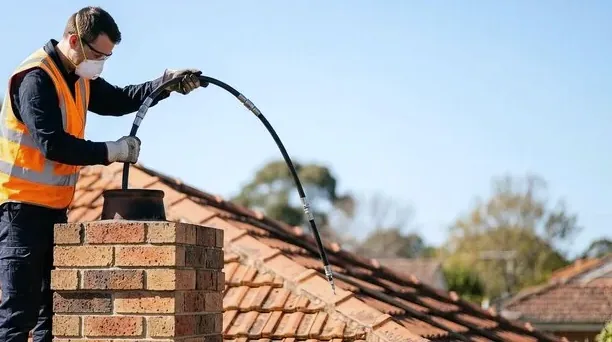 Installer feeding a flexible liner down a brick chimney for a gas insert in San Francisco