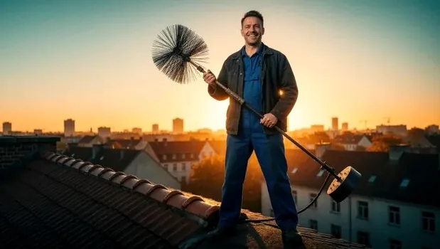 Chimney technician with a sweep brush on a rooftop above the San Francisco skyline at sunset