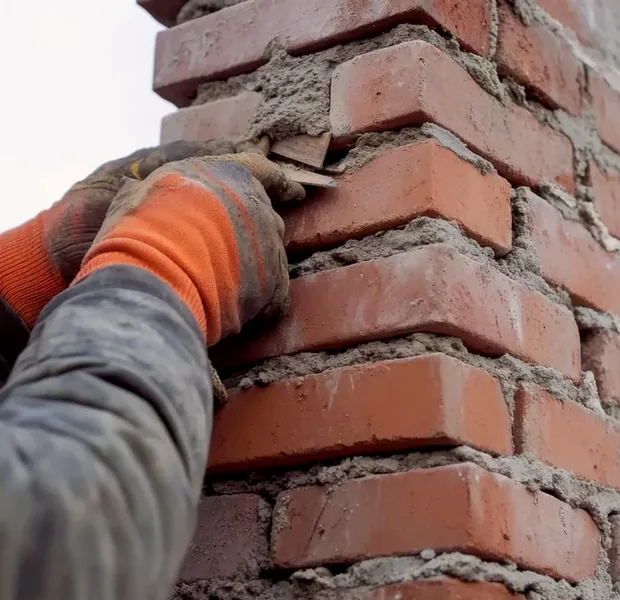 Tuckpointing soft brick on an Edwardian chimney in San Francisco